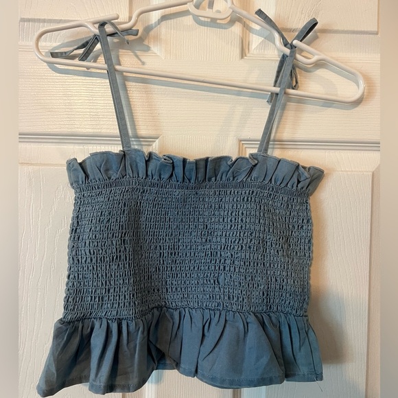 Poof New York Women’s Blue Smocked Tank Top with Ruffle Straps - Picture 5 of 5